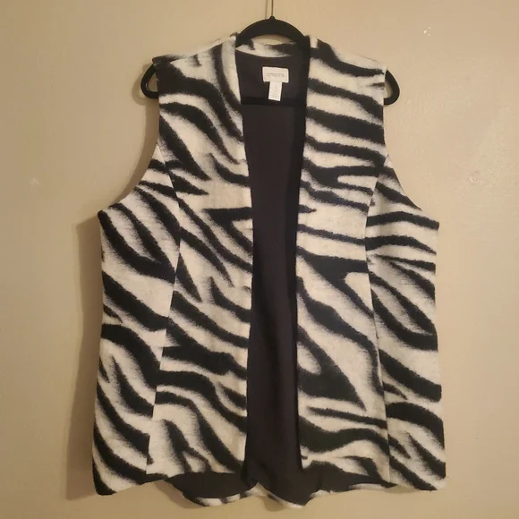 CHICO'S Black Cream Zebra Print Wool‎ Blend Open Front Vest   Women's Size XL - Picture 2 of 11
